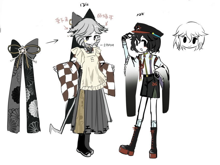 2others, adapted_costume, androgynous, apron, black_eyes, black_footwear, black_gloves, black_hair