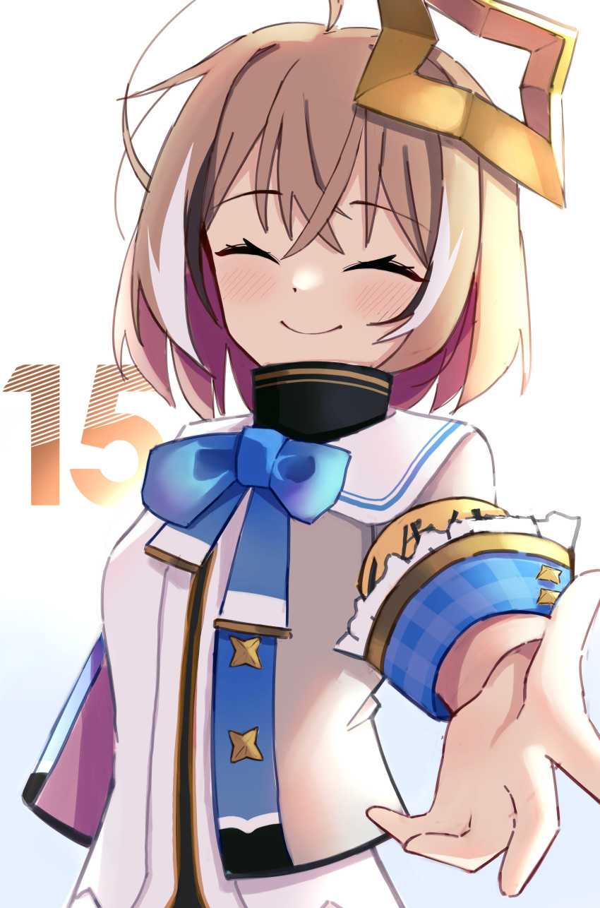 1girl, absurdres, ahoge, amane_kanata, amane_kanata_(1st_costume), amane_kanata_(cosplay), black_skirt, blush, brown_hair, closed_eyes, cosplay, cropped_jacket, crossed_bangs, grey_jacket, halo, highres, hololive, hololive_english, jacket, lavendeavor, long_sleeves, multicolored_hair, nanashi_mumei, reaching, reaching_towards_viewer, sailor_collar, shirt, skirt, sleeve_cuffs, smile, star_halo, streaked_hair, turtleneck, virtual_youtuber, white_shirt, wide_sleeves