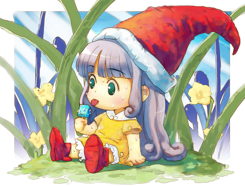 flower, green_eyes, hat, hirokiku, long_hair, memoru, minigirl, popsicle