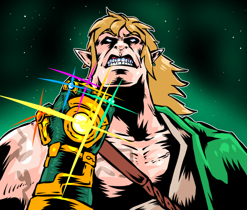 archaic_set_(zelda), asymmetrical_clothes, bidul_(bidul72476120), blank_eyes, blonde_hair, blue_gemstone, body_markings, broad_shoulders, cel_shading, chest_tattoo, clenched_hand, clenched_teeth, comedy, earrings, gauntlets, gem, glowing_gem, green_background, green_gemstone, green_tunic, grimace, hair_down, highres, infinity_gauntlet, jewelry, large_pectorals, link, medium_hair, messy_hair, multiple_rings, muscular, muscular_male, no_pupils, orange_gemstone, parody, pectorals, pointy_ears, purple_gemstone, red_gemstone, ring, shoulder_tattoo, single_bare_shoulder, style_parody, tattoo, teeth, thanos, the_legend_of_zelda, the_legend_of_zelda:_tears_of_the_kingdom, yellow_gemstone