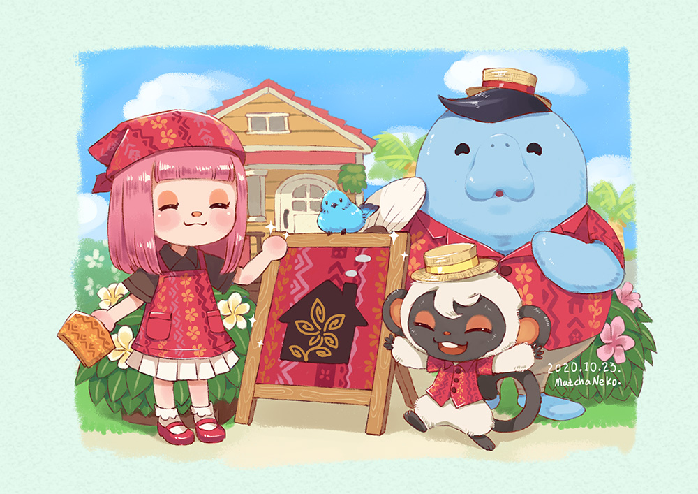 1girl, 2boys, :3, :d, ^_^, animal_crossing, apron, arms_up, artist_name, bird, blue_sky, blunt_bangs, blush, boater_hat, bobby_socks, border, brown_headwear, brown_shirt, bush, buttons, closed_eyes, closed_mouth, clouds, collared_shirt, commentary, dated, day, english_commentary, flower, furry, furry_male, green_border, hand_up, hat, head_scarf, hime_cut, house, long_hair, mary_janes, matchaneko, monkey_boy, multiple_boys, niko_(animal_crossing), open_mouth, outdoors, outside_border, palm_tree, pink_flower, pink_hair, pleated_skirt, red_apron, red_footwear, red_headwear, red_shirt, shirt, shoes, short_sleeves, sidelocks, sign, skirt, sky, smile, socks, sparkle, standing, teeth, tree, upper_teeth_only, villager_(animal_crossing), wardell_(animal_crossing), white_flower, white_skirt, white_socks, wing_collar