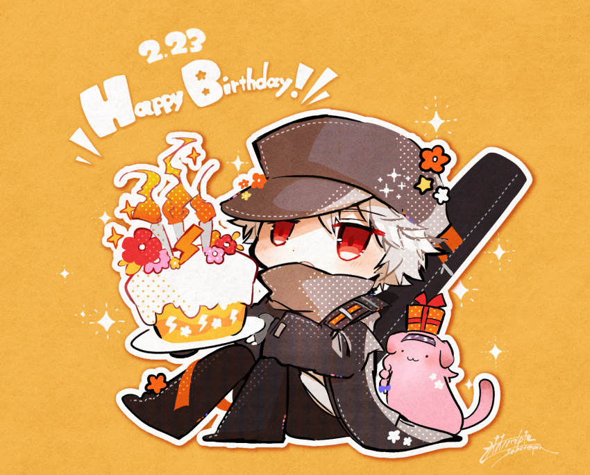 1boy, animalization, arknights, black_jacket, black_pants, cake, candle, dated