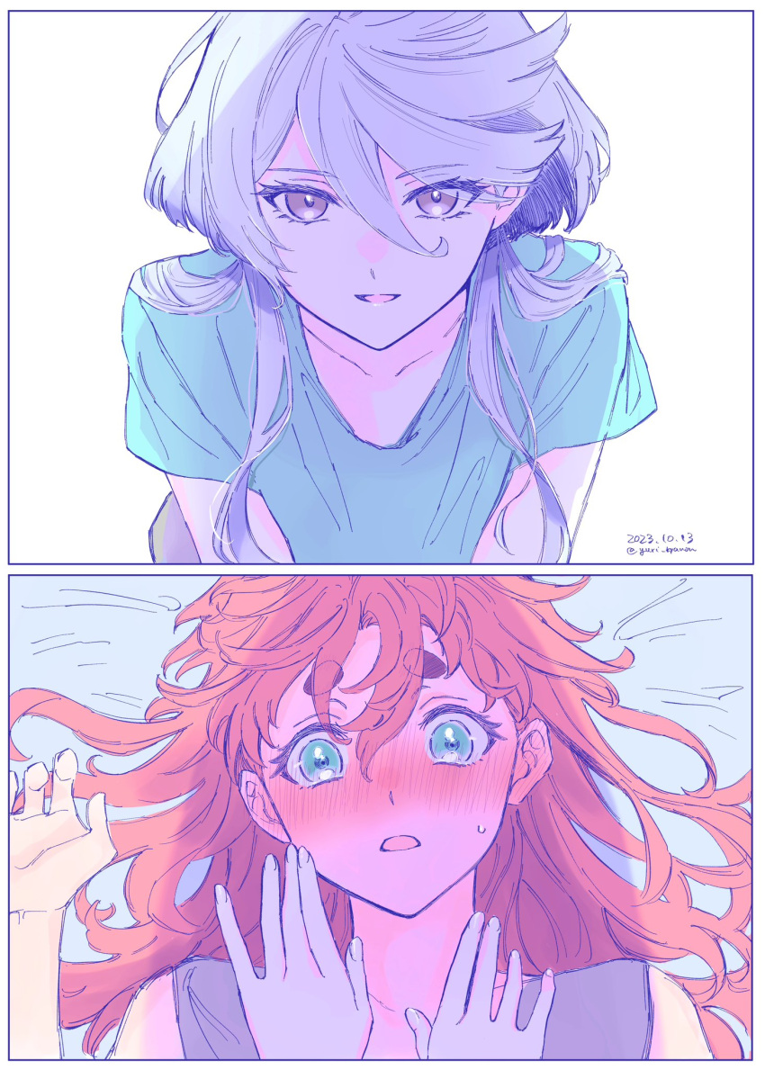 2girls, aqua_shirt, blush, commentary_request, embarrassed, girl_on_top, grey_eyes, grey_shirt