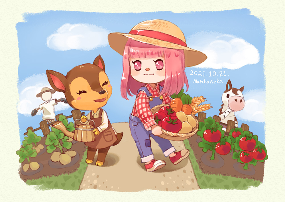 1boy, 2girls, :3, :d, ^_^, animal_crossing, apron, artist_name