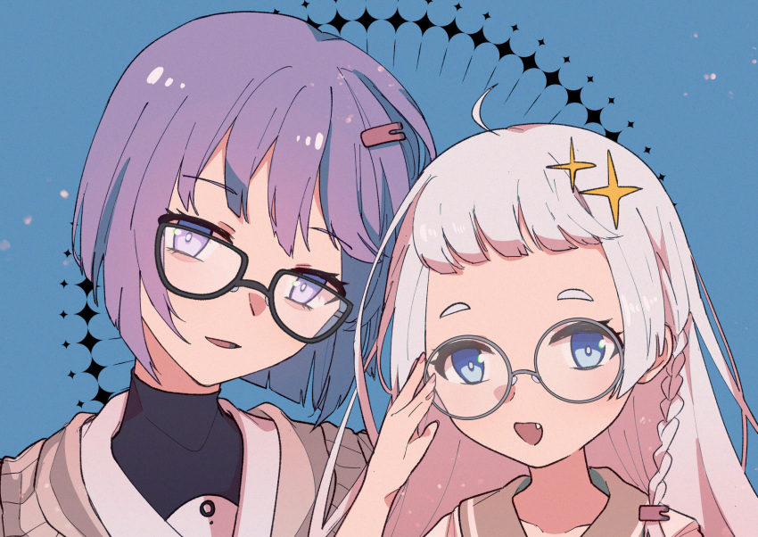 2girls, a.i._voice, adjusting_eyewear, bespectacled, black-framed_eyewear, black_undershirt, blue_background, blue_eyes