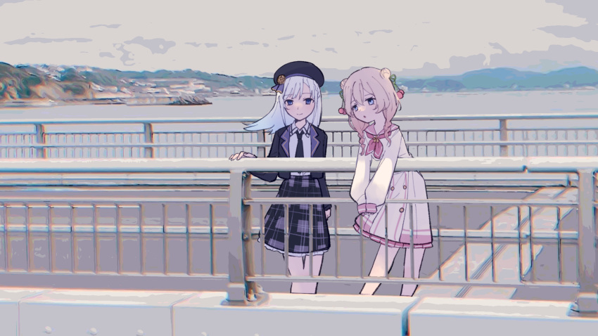 2girls, :o, against_railing, asumi_ririse, asumi_shuo, beret, black_headwear, black_jacket