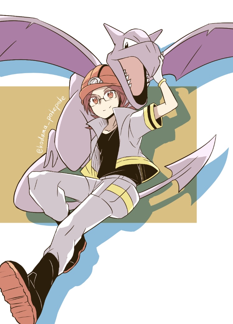 aerodactyl, black_footwear, black_shirt, boots, collarbone, commentary_request, full_body, glasses