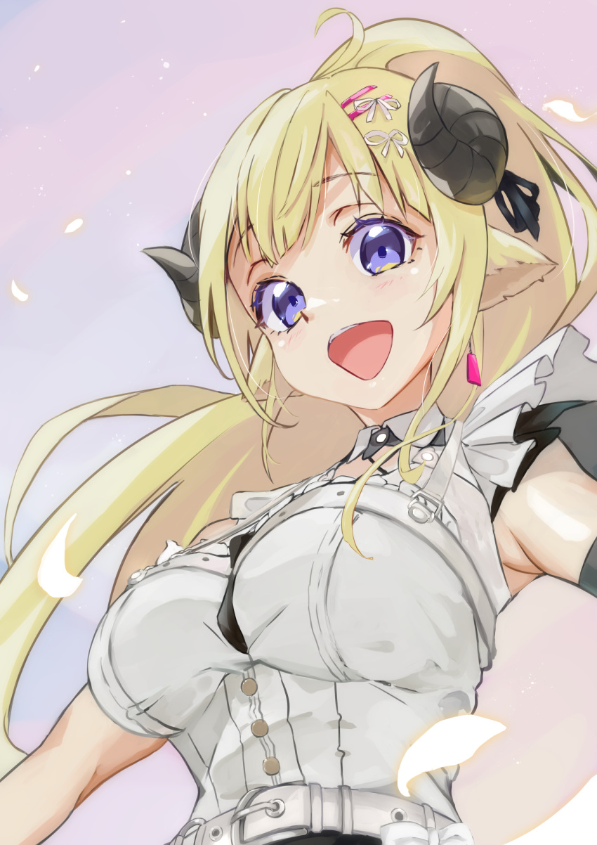 1girl, animal_ears, belt, blonde_hair, breasts, dress, from_below, highres, hololive, horns, large_breasts, long_hair, looking_at_viewer, official_alternate_costume, open_mouth, pink_background, ponytail, qiandao_you, sheep_ears, sheep_horns, simple_background, smile, solo, tareme, tsunomaki_watame, tsunomaki_watame_(watame_night_fever!!), upper_body, violet_eyes, virtual_youtuber, white_belt, white_dress
