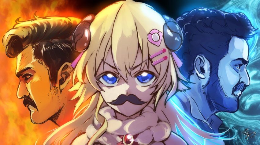 1girl, 2boys, alluri_sitarama_raju, beard, blonde_hair, blue_eyes, commentary, crossover