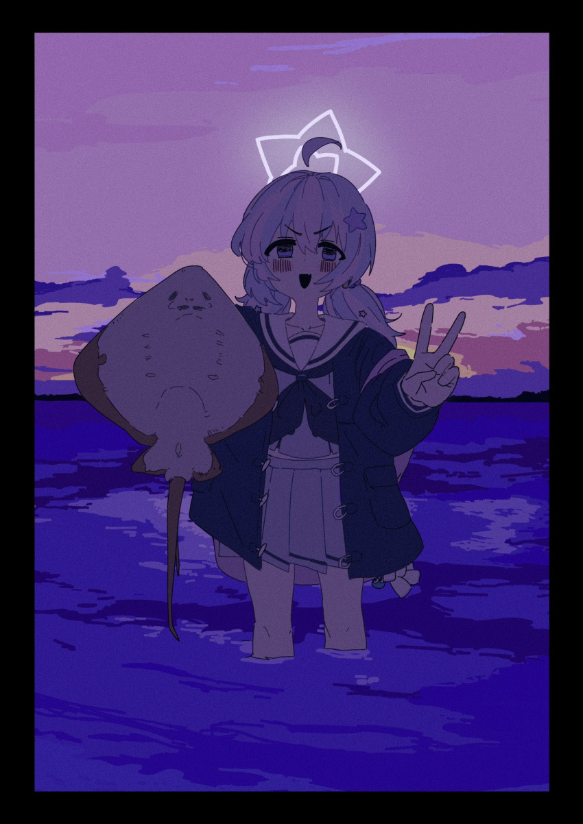 1girl, ahoge, animal, backpack, bag, beads, black_border, black_coat, black_neckerchief, blue_archive, blush, border, check_animal, coat, commentary, detached_ahoge, dusk, fang, glowing_halo, grey_serafuku, grey_skirt, hair_beads, hair_ornament, halo, highres, holding, holding_animal, kuzuuo, long_hair, long_sleeves, looking_at_viewer, low_twintails, multicolored_hair, neckerchief, ocean, open_clothes, open_coat, outdoors, outstretched_arm, pink_bag, pink_hair, pleated_skirt, purple_hair, purple_sky, reisa_(blue_archive), sailor_collar, school_uniform, serafuku, shoulder_strap, skin_fang, skirt, sky, smile, solo, standing, star_(symbol), star_hair_ornament, star_halo, stingray, strap_slip, tareme, twintails, two-tone_hair, v, v-shaped_eyebrows, violet_eyes, wading, white_sailor_collar