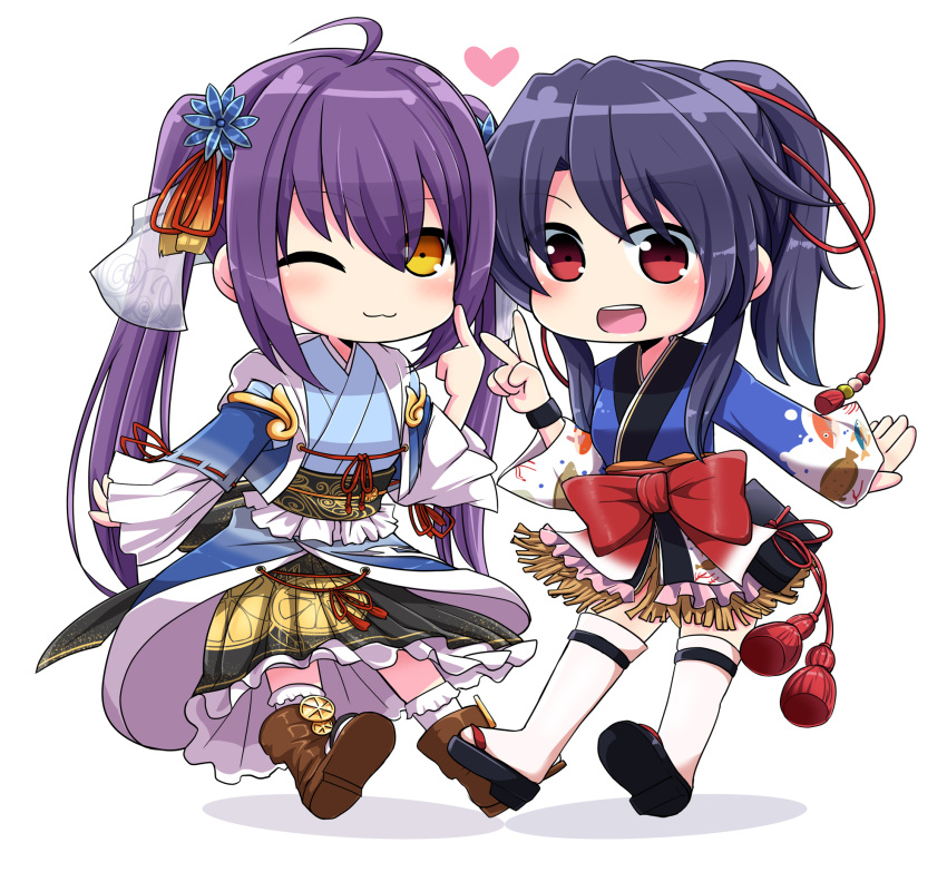 2girls, :3, ahoge, animal_print, ankle_boots, arm_at_side, blue_hair, blue_kimono