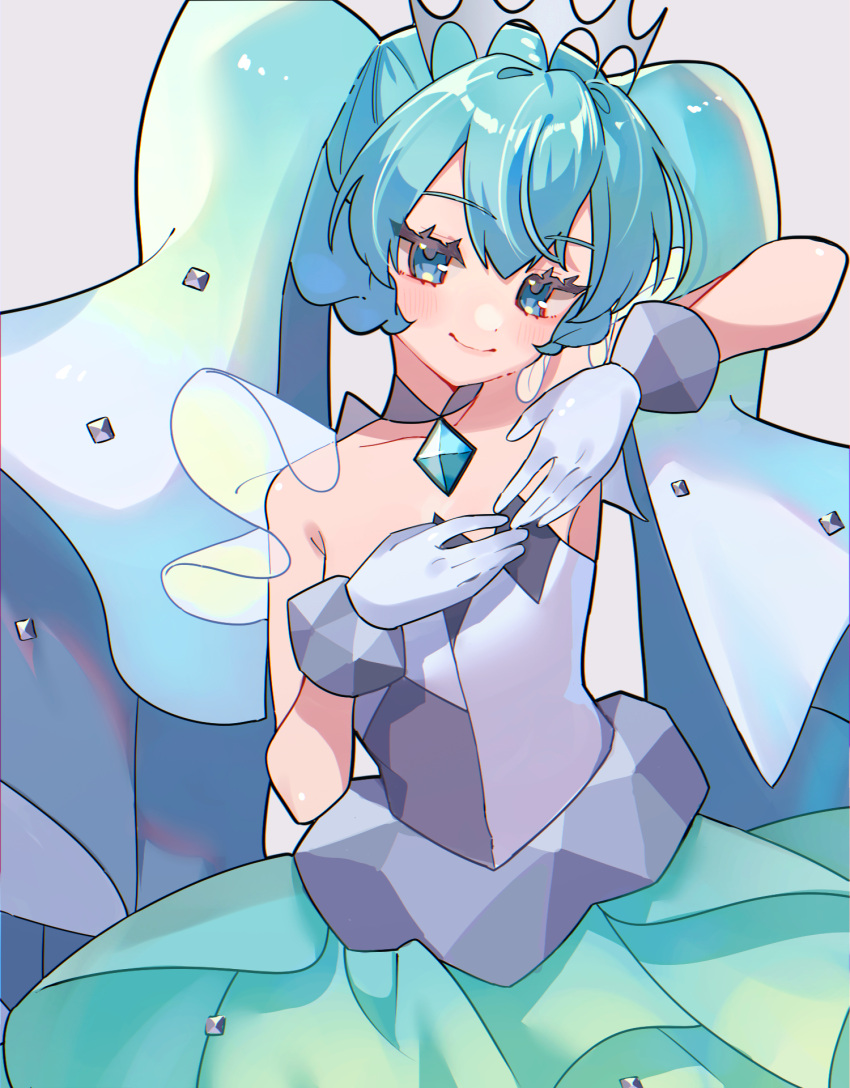 1girl, aqua_eyes, aqua_hair, bracelet, diamond_(shape), dress, frilled_dress, frills