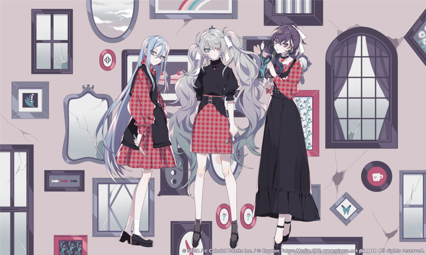 25-ji_miku, 3girls, asahina_mafuyu, black_choker, black_dress, black_eyes, black_footwear, black_hair, black_shirt, black_socks, blue_eyes, blue_hair, bow, broken_glass, broken_mirror, broken_window, bug, butterfly, cake, choker, collarbone, commentary, copyright_name, curtains, cutlery_(vocaloid), dress, earrings, flower, food, fork, full_body, gem, glass, green_eyes, grey_hair, hair_between_eyes, hair_bow, hatsune_miku, heterochromia, high-waist_skirt, highres, holding, holding_fork, holding_knife, holding_spoon, jewelry, knife, loafers, long_hair, looking_at_viewer, mary_janes, mirror, multiple_girls, muntins, necklace, picture_(object), picture_frame, pinafore_dress, pink_eyes, plaid, plaid_dress, plaid_shirt, plaid_skirt, ponytail, project_sekai, rainbow, red_dress, red_gemstone, red_shirt, red_skirt, shikimi_(yurakuru), shirt, shoes, sidelocks, simple_fish, skirt, sleeveless, sleeveless_dress, socks, spoon, standing, sweater, turtleneck, turtleneck_sweater, twintails, very_long_hair, vocaloid, wavy_hair, white_bow, white_socks, window, yoisaki_kanade