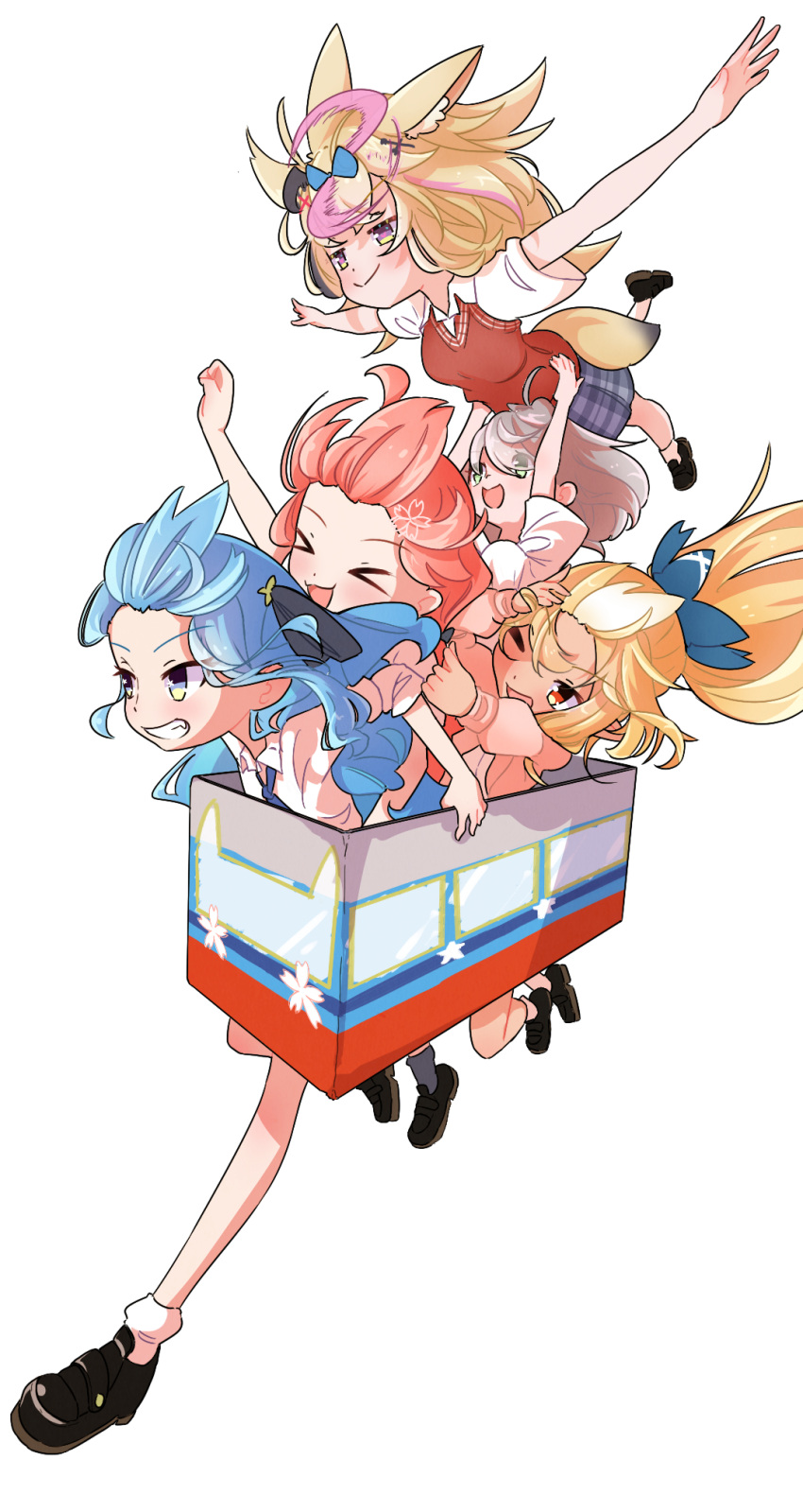 >_<, 5girls, ahoge, animal_ear_fluff, animal_ears, bare_legs, black_footwear, black_hair