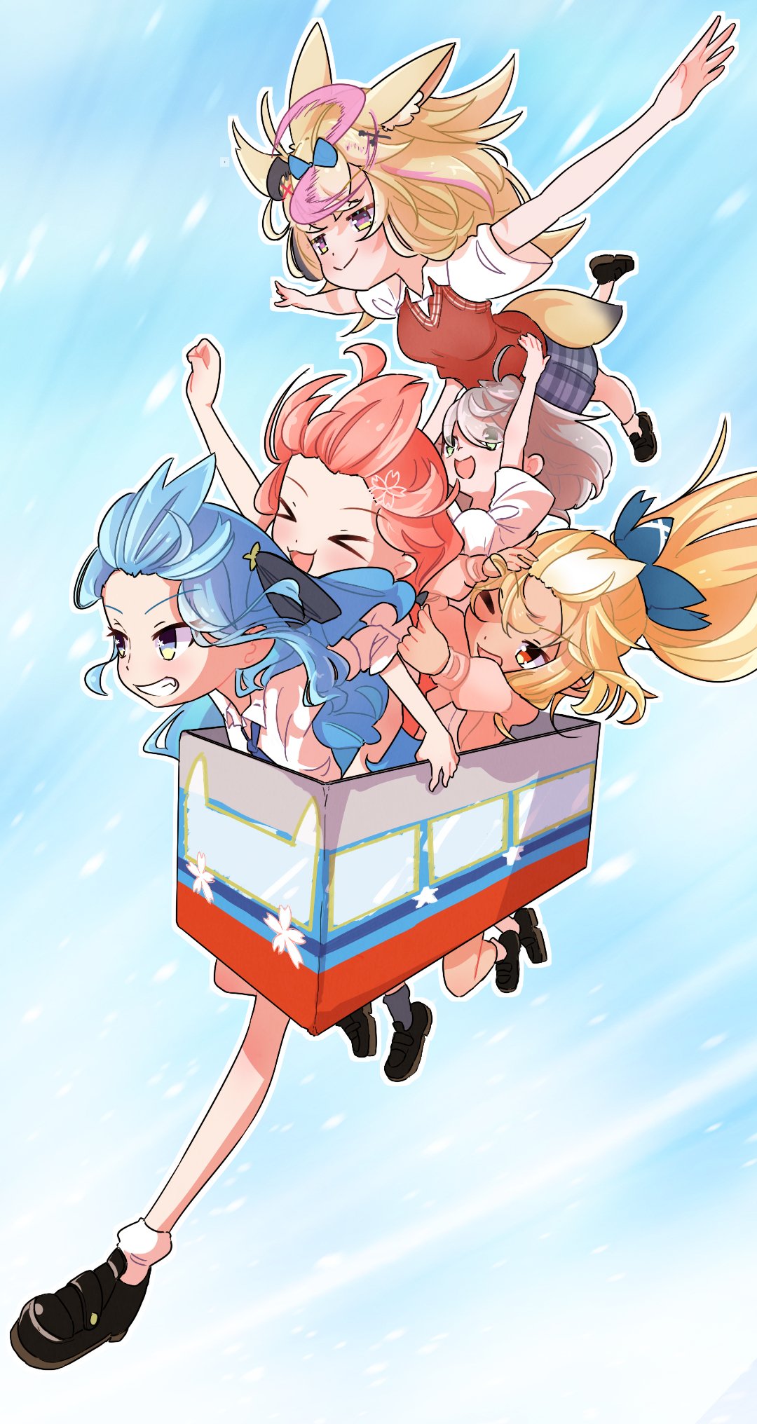 >_<, 5girls, ahoge, animal_ear_fluff, animal_ears, bare_legs, black_footwear, black_hair