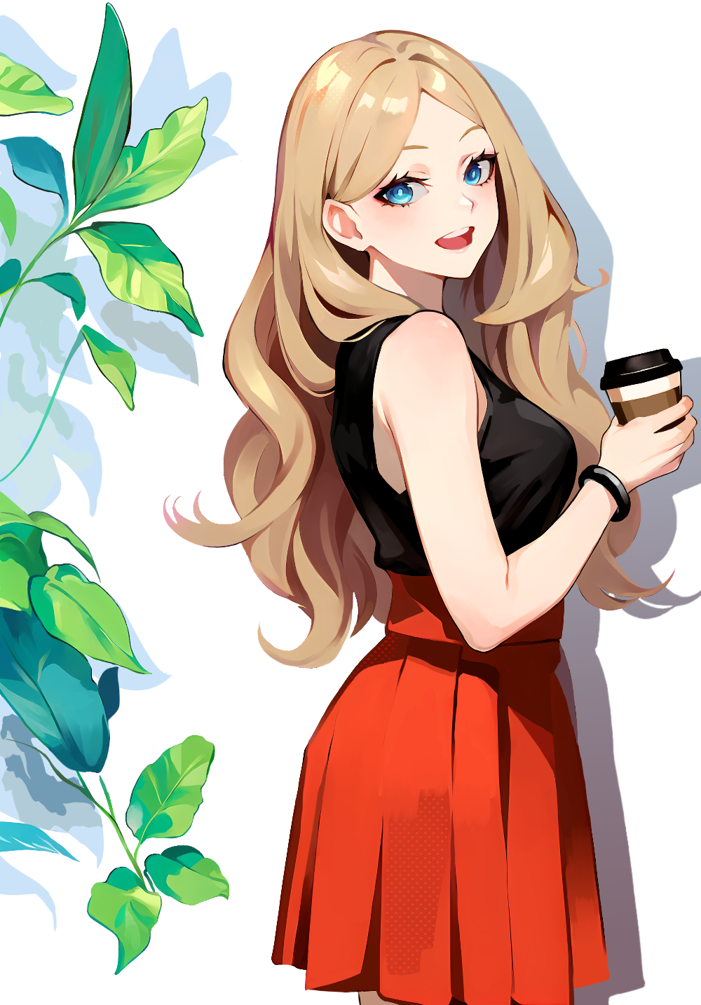 1girl, :d, black_tank_top, blonde_hair, blue_eyes, bracelet, breasts, cup, disposable_cup, from_side, highres, holding, holding_cup, jewelry, leaf, long_hair, looking_at_viewer, looking_to_the_side, medium_breasts, no_headwear, open_mouth, pleated_skirt, pokemon, pokemon_(game), pokemon_xy, red_skirt, serena_(pokemon), shadow, shirt_tucked_in, skirt, smile, solo, tank_top, tor_(torkrub111), very_long_hair, wavy_hair