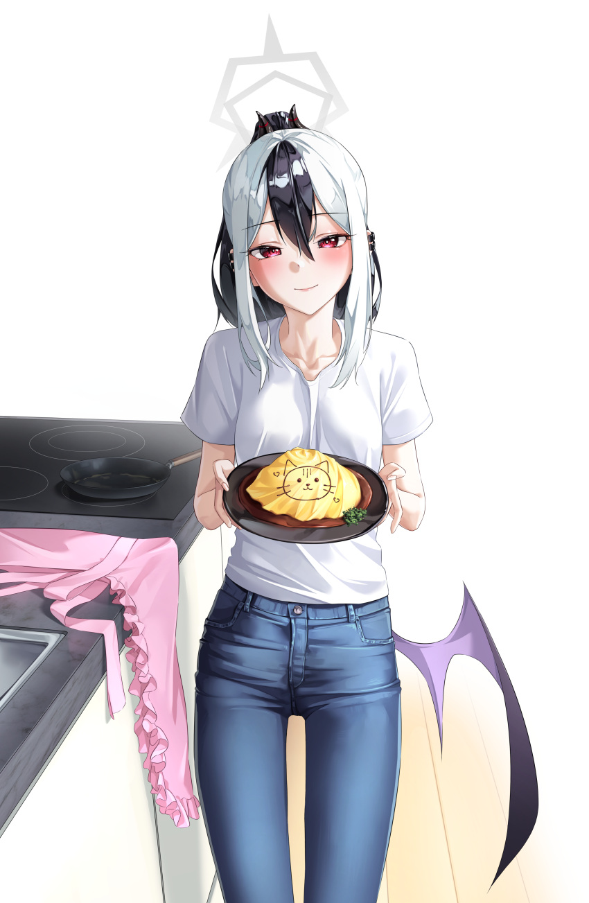 1girl, absurdres, apron, bare_shoulders, black_hair, blue_archive, blush, breasts