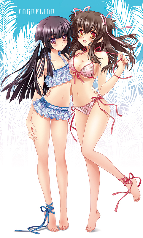 ankle_lace-up, barefoot, bikini, black_hair, blush, breast_envy, breasts, brown_hair, carnelian, cleavage, cross-laced_footwear, feet, frills, front-tie_top, hair_ribbon, hand_on_waist, honoka_(carnelian), legs, long_hair, multiple_girls, navel, open_mouth, original, plaid, plaid_bikini, ribbon, ririka_(carnelian), ruffles, side-tie_bikini, swimsuit, tartan, tiptoes, twintails, under_boob, underboob