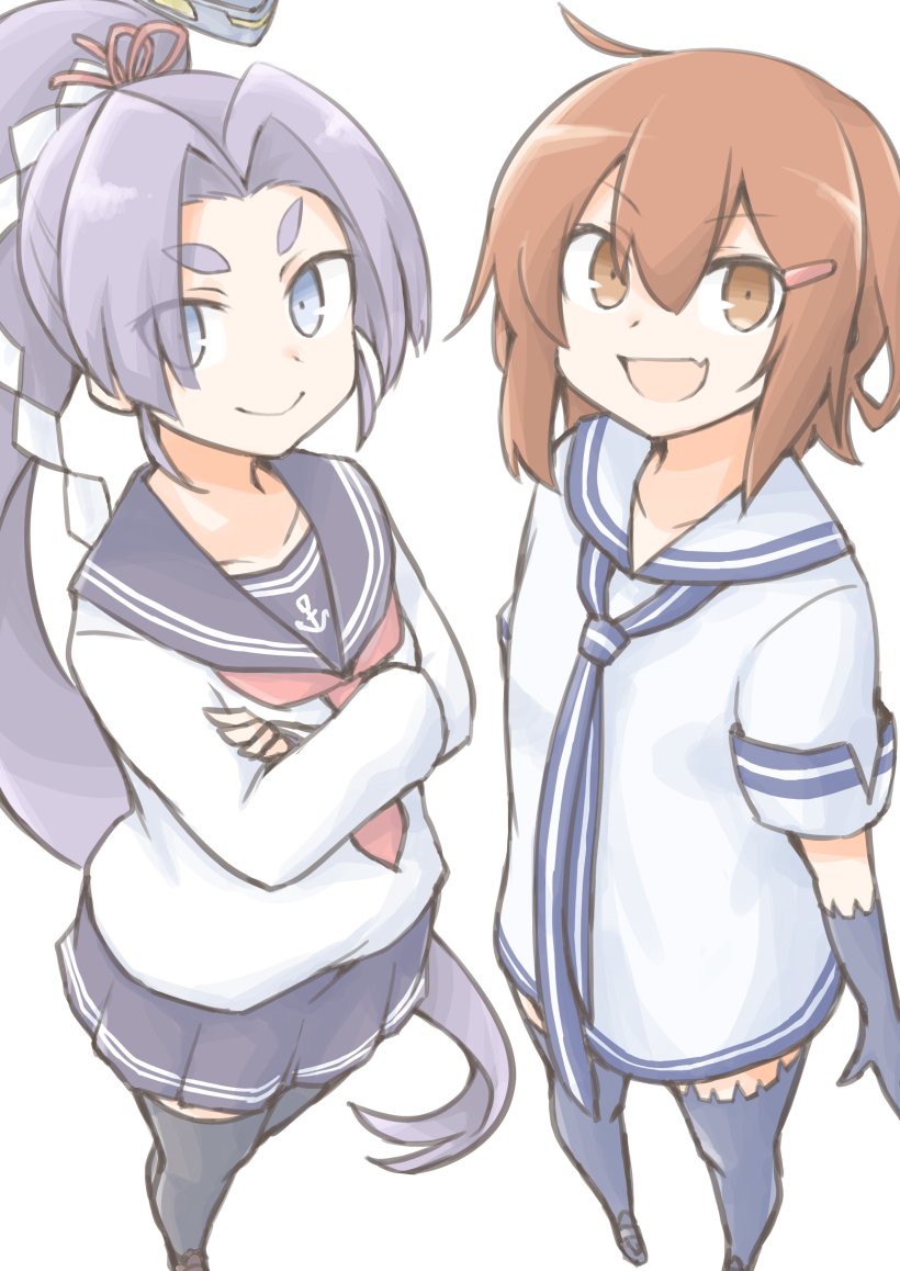 2girls, akara_kai, black_gloves, black_sailor_collar, black_skirt, black_thighhighs, brown_eyes, brown_hair, cosplay, costume_switch, crossed_arms, dress, fang, gloves, hatsuharu_(kancolle), hatsuharu_(kancolle)_(cosplay), hikimayu, ikazuchi_(kancolle), ikazuchi_(kancolle)_(cosplay), kantai_collection, long_hair, multiple_girls, neckerchief, pleated_skirt, ponytail, purple_hair, red_neckerchief, sailor_collar, sailor_dress, sailor_shirt, school_uniform, serafuku, shide, shirt, short_eyebrows, short_hair, simple_background, skin_fang, skirt, thigh-highs, violet_eyes, white_background, white_dress, white_shirt