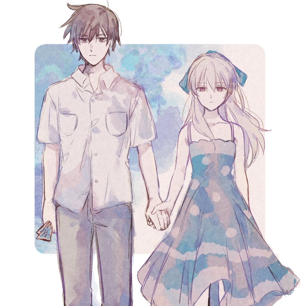 1boy, 1girl, black_eyes, black_hair, black_pants, blue_bow, blue_dress, border