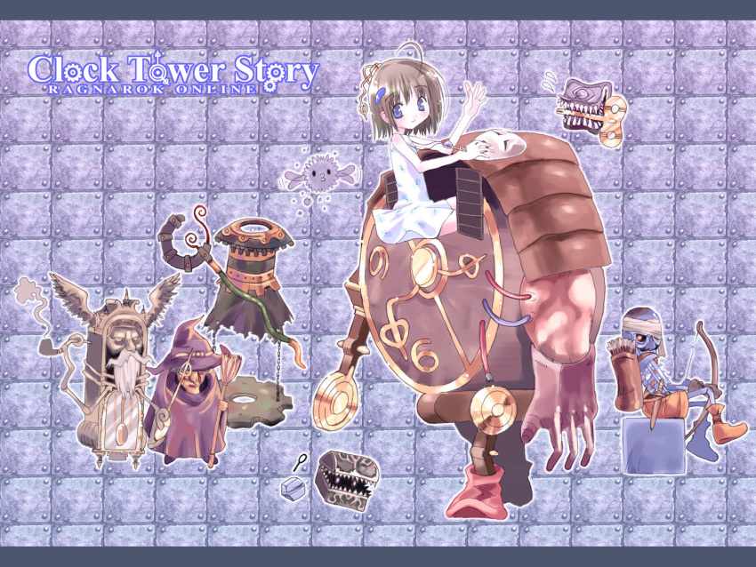 2girls, 2others, ahoge, alarm_(ragnarok_online), archer_skeleton, arrow_(projectile), bad_id, bad_link, bathory_(ragnarok_online), blush, book, bow_(weapon), broom, brown_hair, clock, clock_(ragnarok_online), closed_mouth, copyright_name, dress, full_body, grandfather_clock, hat, highres, holding, holding_bow_(weapon), holding_mask, holding_weapon, key, looking_at_viewer, magnifying_glass, mask, medium_bangs, mimic, mimic_(ragnarok_online), mimic_chest, multiple_girls, multiple_others, punk_(ragnarok_online), quiver, ragnarok_online, rideword_(ragnarok_online), short_hair, skeleton, smile, smoking_pipe, staff, tower_keeper, undead, violet_eyes, waving, weapon, white_dress, winding_key, witch, witch_hat, yuiha_(zenmaishikibanshogi)