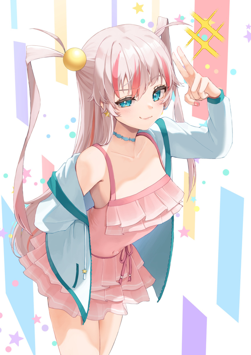 1girl, arm_behind_back, blue_choker, blue_eyes, blue_jacket, choker, circle, collarbone, commission, covered_navel, dress, earrings, frilled_dress, frills, highres, indie_virtual_youtuber, jacket, jewelry, multicolored_background, multicolored_hair, open_clothes, open_jacket, pink_dress, pink_hair, pink_nails, ramachiru, skeb_commission, smug, solo, star_(symbol), star_earrings, star_print, streaked_hair, two_side_up, ushio_ebi, v, zipper, zipper_pull_tab