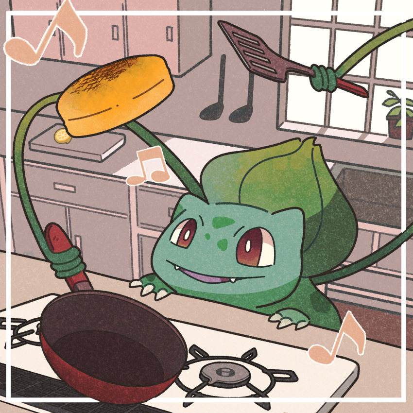 animal_focus, bright_pupils, brown_eyes, bulbasaur, claws, cooking, cutting_board, fangs, food, frying_pan, highres, holding, holding_frying_pan, holding_spatula, kitchen, musical_note, no_humans, noto_(user_dajk3722), open_mouth, pancake, plant, pokemon, pokemon_(creature), potted_plant, sink, spatula, stove, vines, white_pupils, window