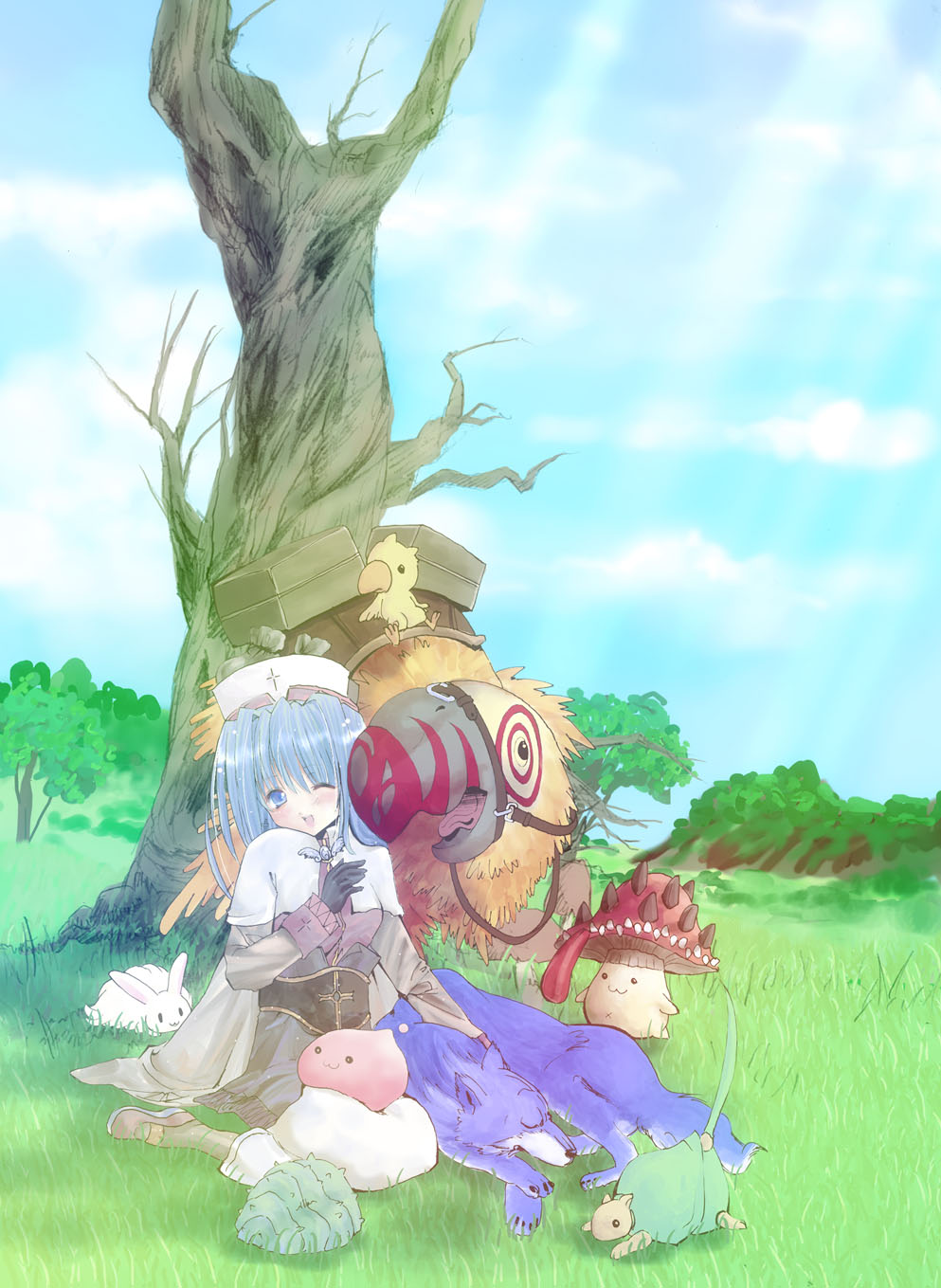 1girl, 2000s_(style), :3, :d, acolyte_(ragnarok_online), animal, bad_id, bare_tree, bird, biretta, black_gloves, blue_hair, blush, brown_shirt, capelet, caterpillar_tracks, chick, clouds, commentary_request, day, english_commentary, fabre, forest, full_body, gloves, highres, long_hair, long_sleeves, lunatic_(ragnarok_online), medium_bangs, mixed-language_commentary, mushroom, nature, one_eye_closed, open_mouth, outdoors, oversized_animal, peco_peco, picky_(ragnarok_online), poring, rabbit, ragnarok_online, reins, shirt, sitting, skirt, slime_(creature), smile, spore_(ragnarok_online), tree, wariza, white_capelet, white_headwear, white_skirt, wolf, wolf_(ragnarok_online), wormtail_(ragnarok_online), yuiha_(zenmaishikibanshogi)