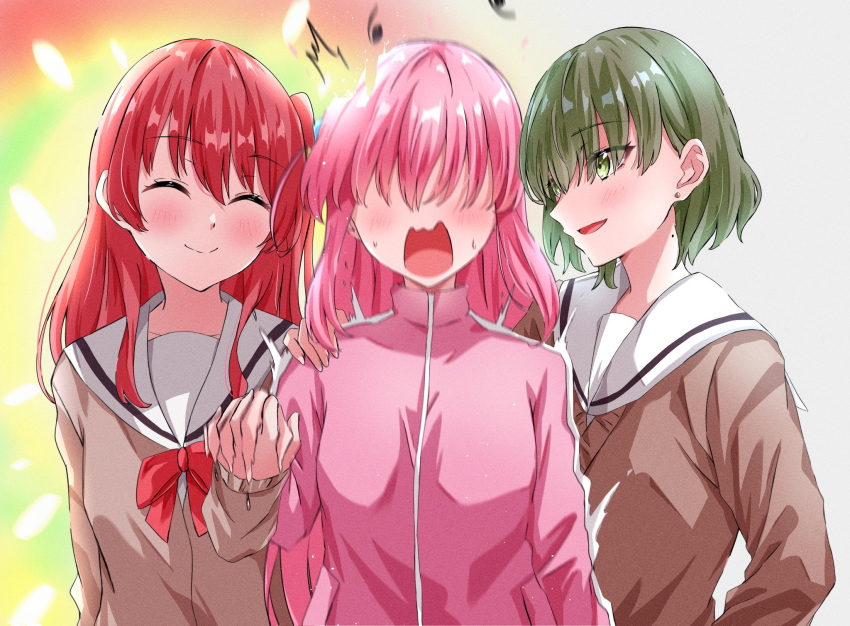 3girls, blush, bocchi_the_rock!, brown_shirt, closed_mouth, dissolving, earrings, gotoh_hitori