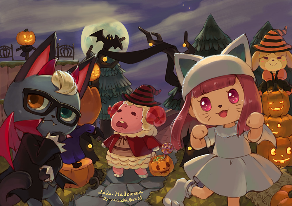 2girls, 3boys, :>, :3, animal_crossing, animal_ears, animal_hat, artist_name