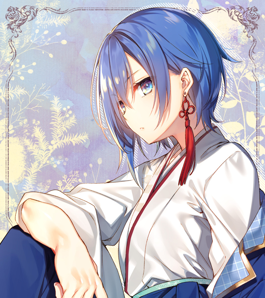 1girl, absurdres, asymmetrical_hair, blue_eyes, blue_hair, blue_hakama, breasts, closed_mouth
