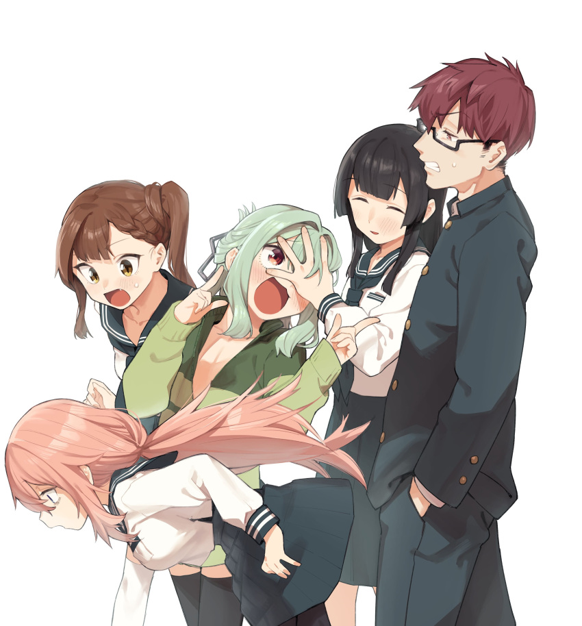 1boy, 4girls, absurdres, annoyed, bags_under_eyes, black_hair, black_shirt, black_thighhighs