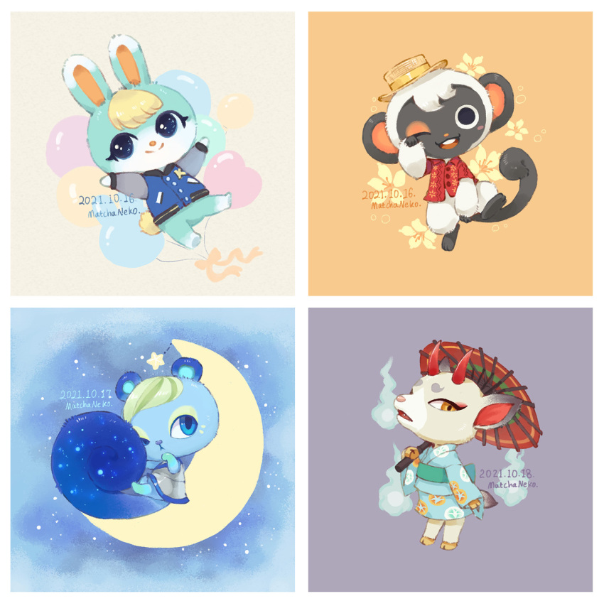2boys, 2girls, ;<, ;d, animal_crossing, aqua_kimono, arms_up, artist_name