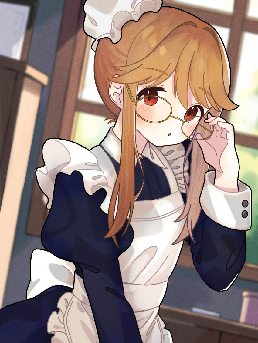 1girl, absurdres, adjusting_eyewear, alternate_costume, apron, black_dress, blush, brown_hair, collared_dress, dress, dutch_angle, enmaided, highres, idolmaster, idolmaster_million_live!, indoors, juliet_sleeves, long_sleeves, looking_at_viewer, maid, no_nose, noto_(user_dajk3722), open_mouth, puffy_sleeves, red_eyes, short_hair_with_long_locks, sidelocks, solo, tenkubashi_tomoka, white_apron, window