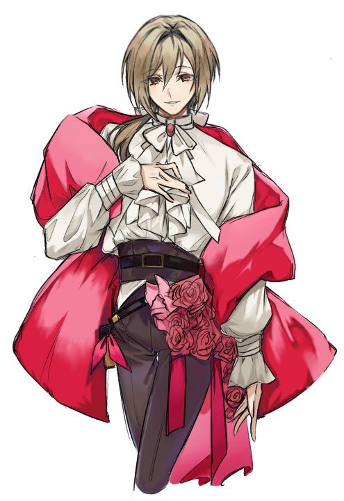 1boy, ascot, belt, black_belt, blonde_hair, bow, brown_eyes, brown_pants, cape, flower, formal, fragaria_memories, gem, hair_bow, hand_on_own_chest, long_hair, low_ponytail, male_focus, pants, red_cape, red_flower, red_gemstone, red_rose, romarriche_(fragaria_memories), rose, shirt, sketch, solo, tumitumi56155, white_ascot, white_background, white_bow, white_shirt