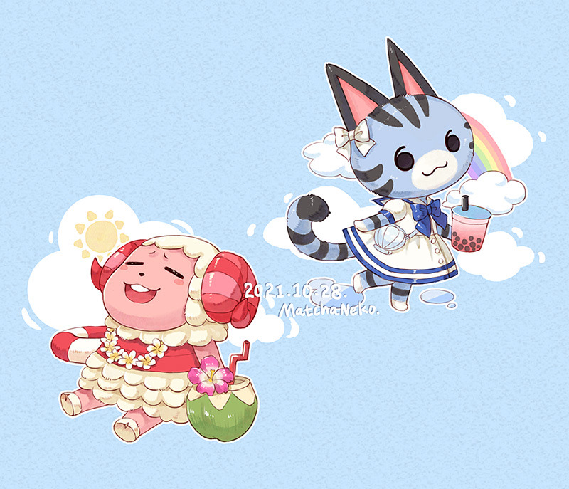1boy, 1girl, :3, :d, animal_crossing, artist_name, bag, blue_background