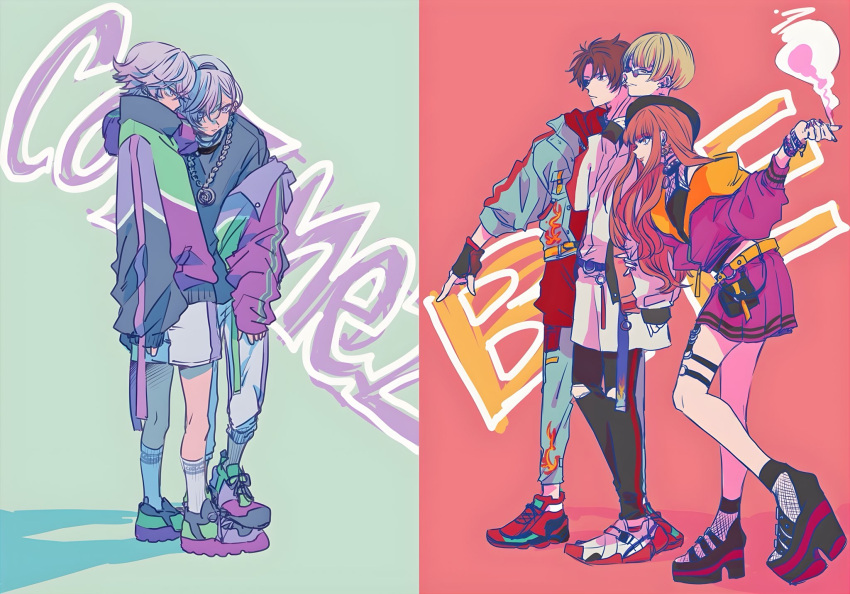 1other, 4boys, anne_faulkner, aqua_hair, bae_(paradox_live), blonde_hair, brothers, cigarette