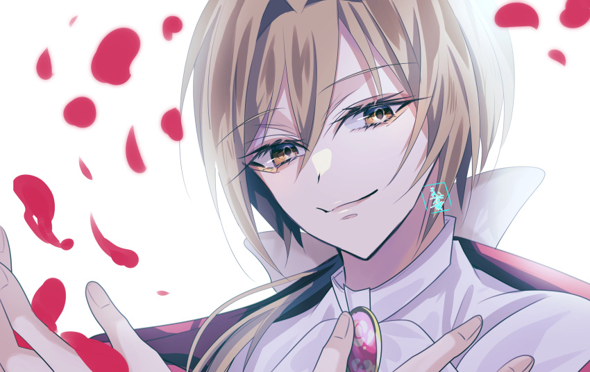 1boy, absurdres, androgynous, ascot, bow, brown_hair, eyelashes, fragaria_memories, gem, hair_bow, hand_on_own_chest, highres, long_hair, low_ponytail, male_focus, petals, red_gemstone, red_petals, romarriche_(fragaria_memories), rose_petals, rui_chaba, shirt, signature, solo, white_ascot, white_background, white_bow, white_shirt