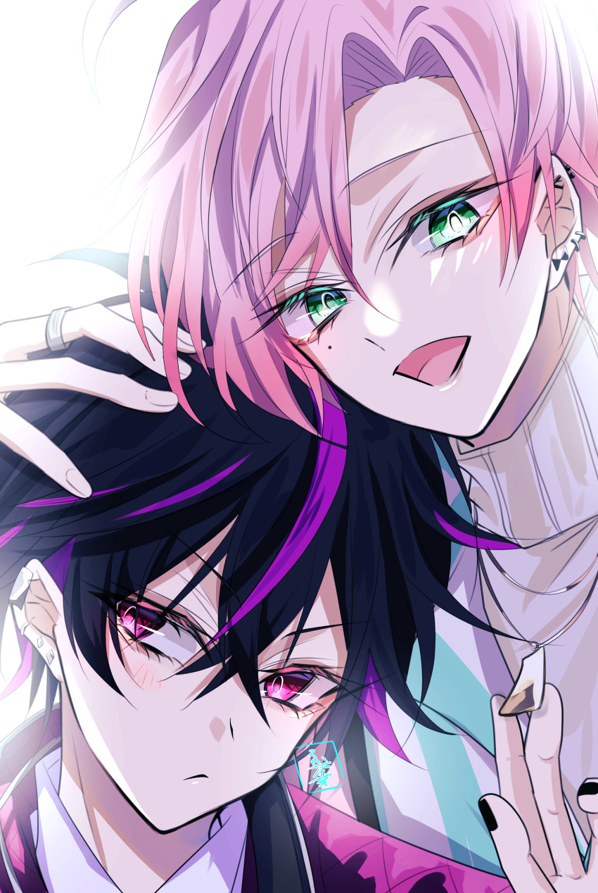 2boys, absurdres, black_hair, black_nails, blush, brothers, closed_mouth, ear_piercing