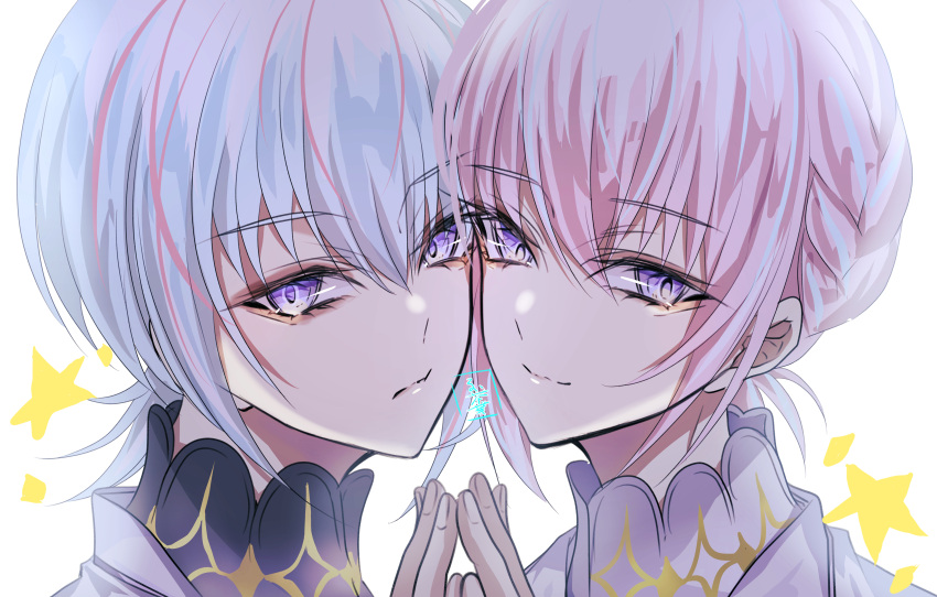 2boys, absurdres, blue_hair, brothers, closed_mouth, expressionless, fragaria_memories, hand_to_hand