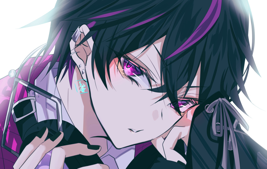 1boy, absurdres, black_hair, black_jacket, bow, collared_shirt, earrings, eyelashes