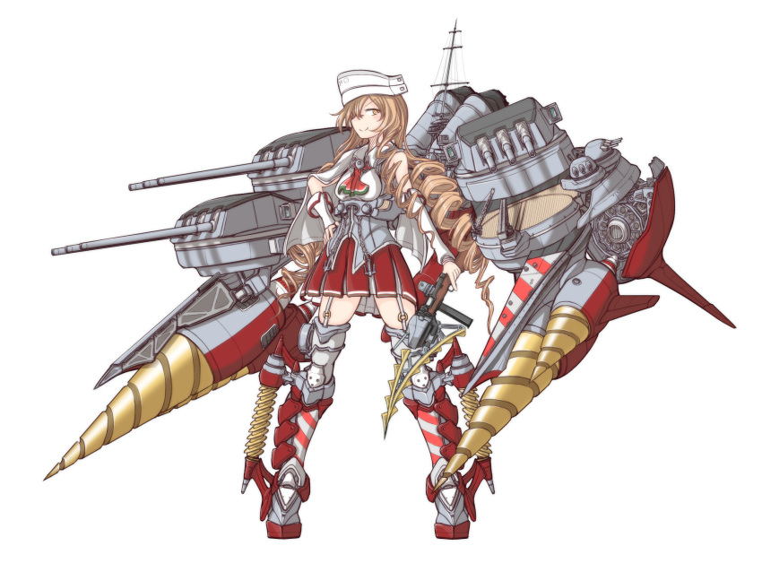 1girl, breasts, brown_eyes, cannon, capelet, detached_sleeves, drill, drill_hair
