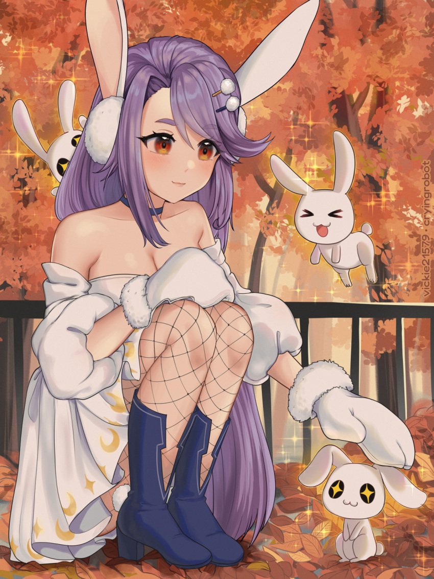 >_<, 1girl, animal_ears, autumn_leaves, blue_footwear, boots, breasts, bunny, bunny_ears, challenger_dominiel, dress, epic_seven, fishnet_pantyhose, fishnets, gloves, hair_ornament, hairclip, high_heels, highres, leaf, long_hair, medium_breasts, mittens_(bolt), orange_eyes, pantyhose, purple_hair, rabbit, rabbit_ears, snow_bunny_dominiel, vickie_(cryingrobot), white_dress