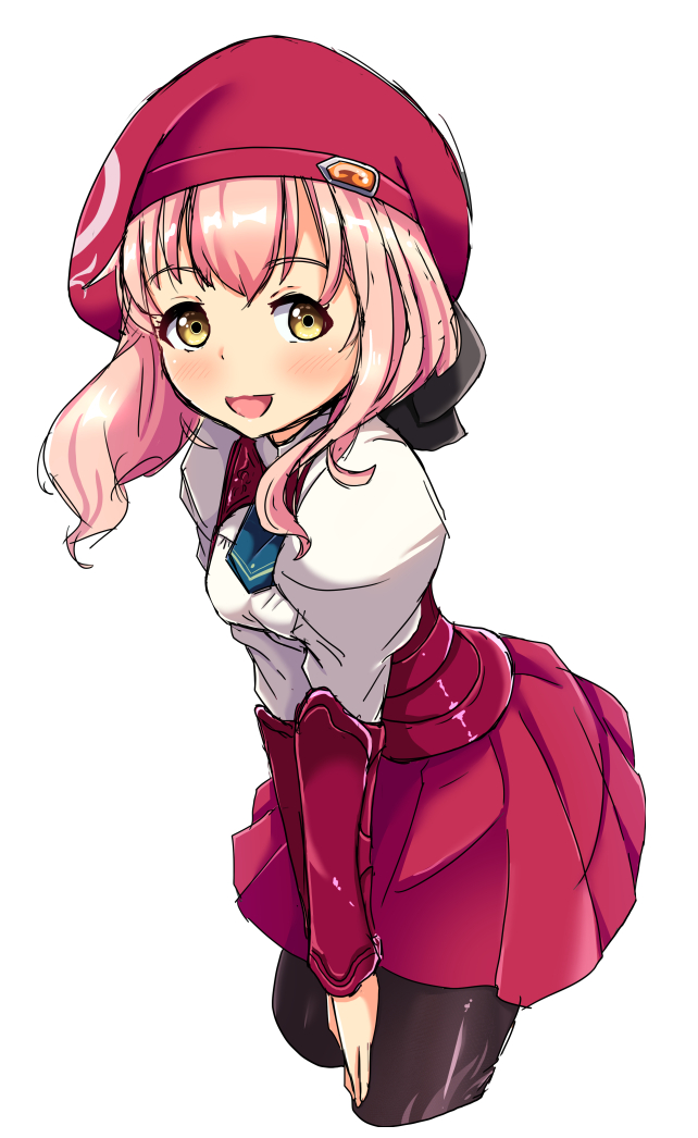 1girl, beret, black_pantyhose, brown_eyes, hat, kansoku, leaning_forward, looking_at_viewer
