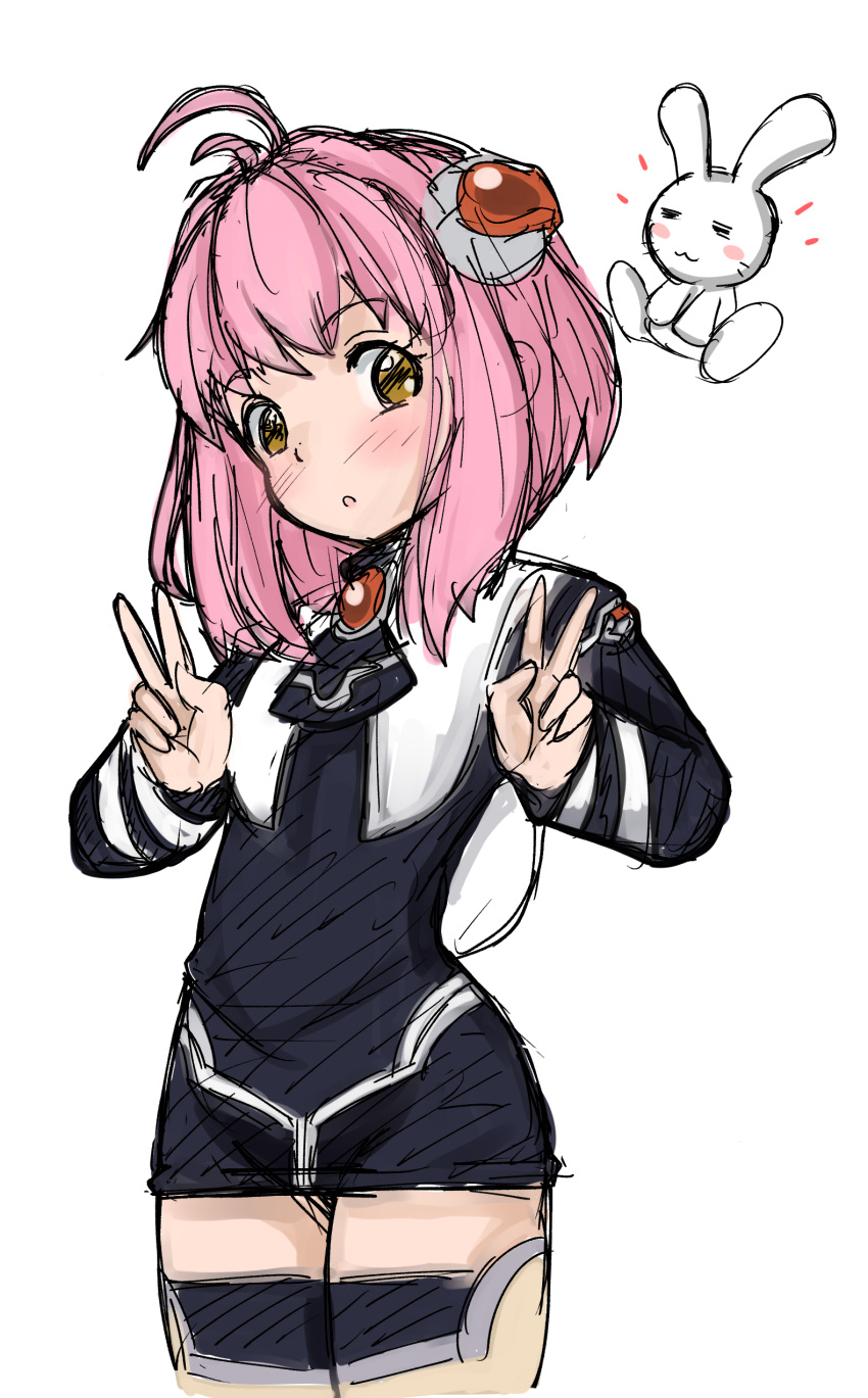 1girl, absurdres, ahoge, black_dress, black_sleeves, blush, brown_eyes, double_v