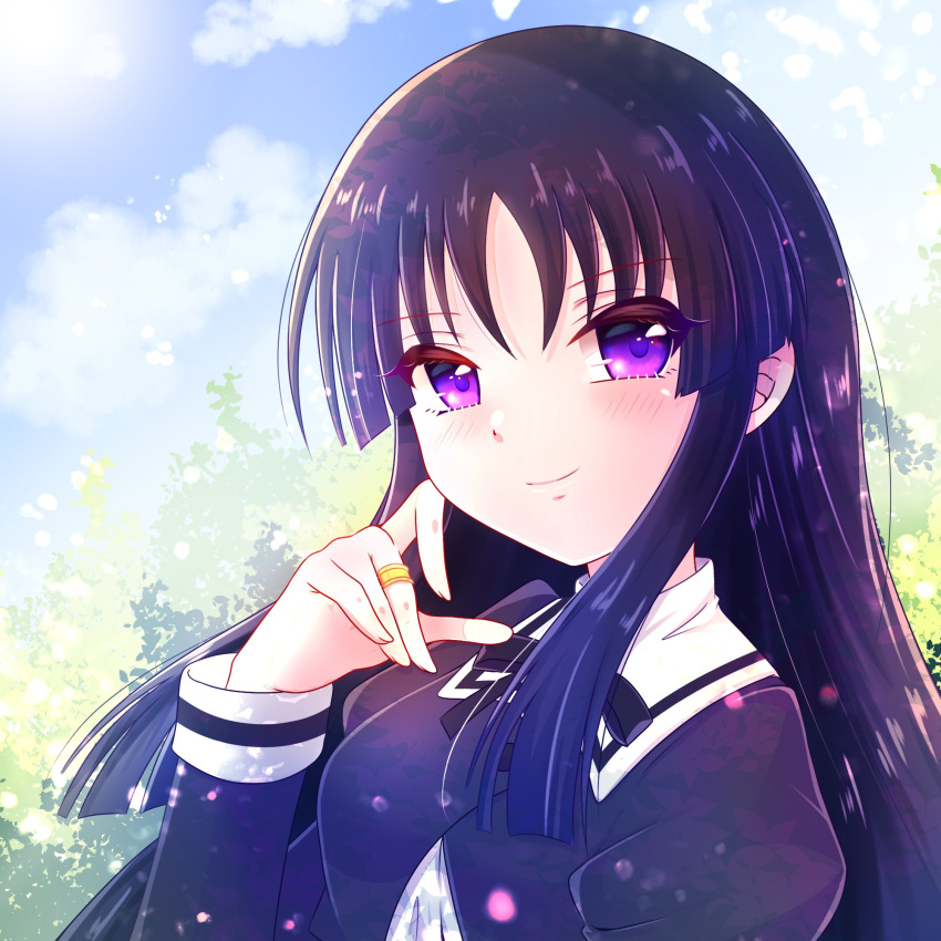 1girl, anjou_seira, arm_at_side, assault_lily, black_hair, black_ribbon, blue_sky, blunt_ends