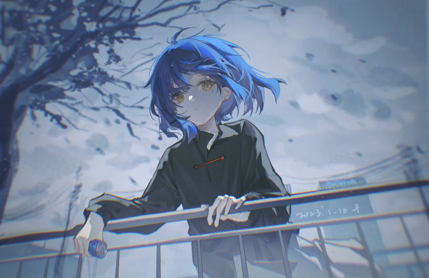 1girl, black_shirt, blue_hair, bocchi_the_rock!, can, clothes_lift, clouds, cloudy_sky, collared_shirt, commentary, dated, day, eyelashes, falling_leaves, grey_skirt, hand_on_railing, highres, holding, holding_can, leaf, long_sleeves, miniskirt, outdoors, parted_lips, power_lines, railing, road_sign, sanyue_xun, shirt, short_hair, sign, skirt, skirt_lift, sky, solo, tree, yamada_ryo, yellow_eyes