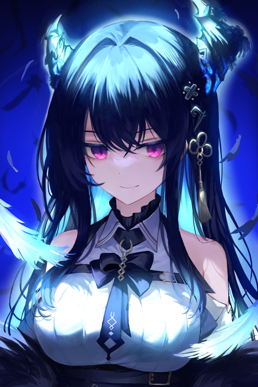 1girl, absurdres, asymmetrical_horns, black_hair, blue_hair, clothing_cutout, collared_dress, colored_inner_hair