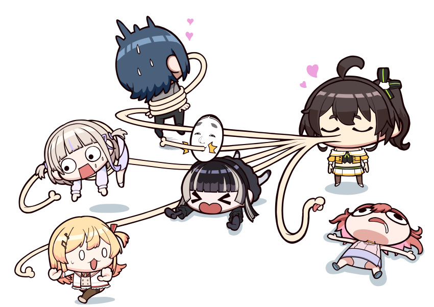 >_<, 6+girls, absurdres, ahoge, black_dress, black_hair, blonde_hair, blue_hair
