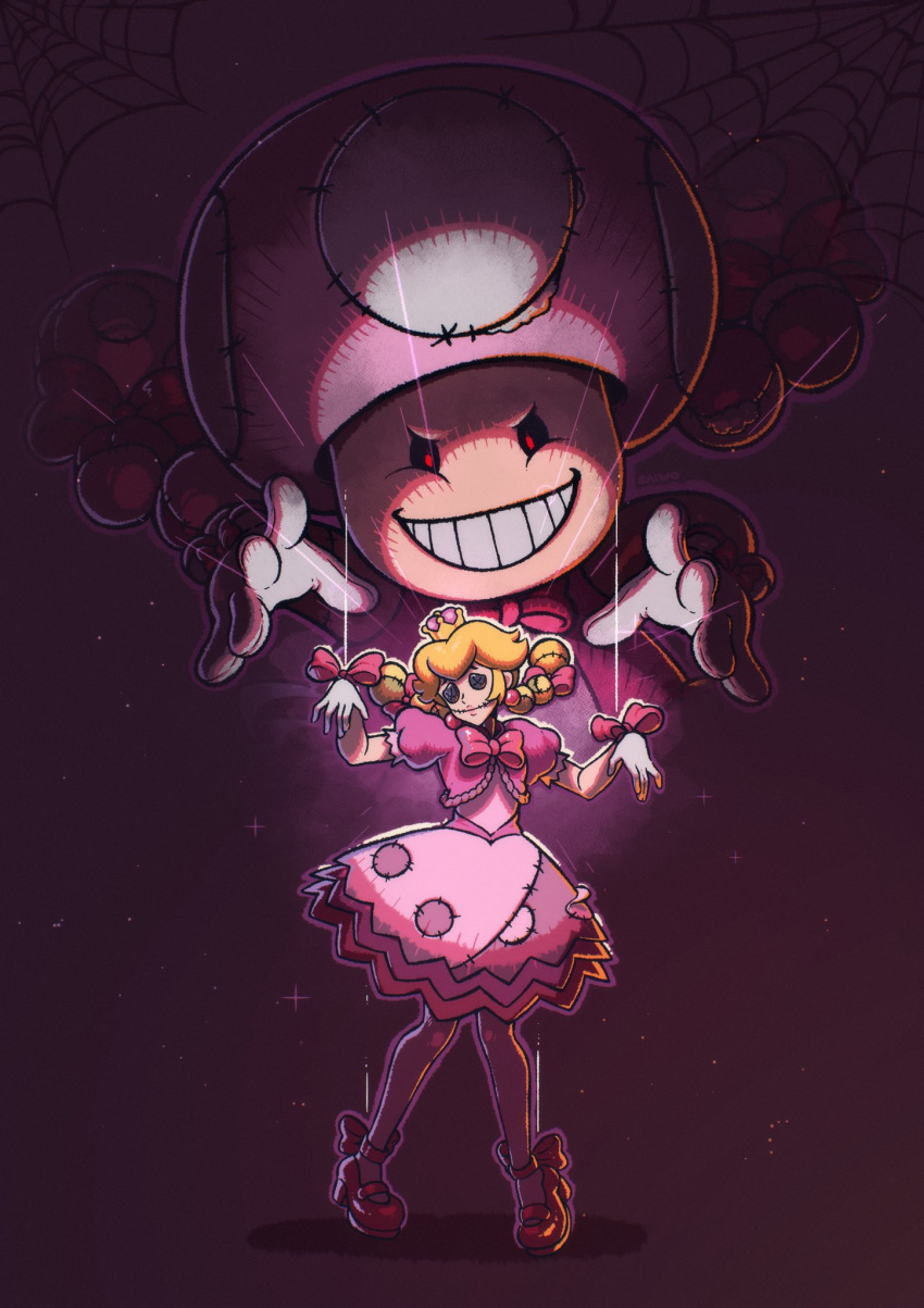 2girls, black_sclera, blonde_hair, braid, button_eyes, colored_sclera, crown, dress, earrings, evil_smile, gloves, hair_ribbon, highres, jewelry, marionette, multiple_girls, new_super_mario_bros._u_deluxe, peachette, pink_dress, pink_ribbon, puppet, puppet_strings, puppeteering, red_eyes, red_footwear, red_ribbon, ribbon, saiwo_(saiwoproject), seams, shadow, silk, smile, sparkle, sphere_earrings, spider_web, stitched_mouth, stitches, super_crown, super_mario_bros., teeth, toadette, twin_braids, twintails, white_gloves